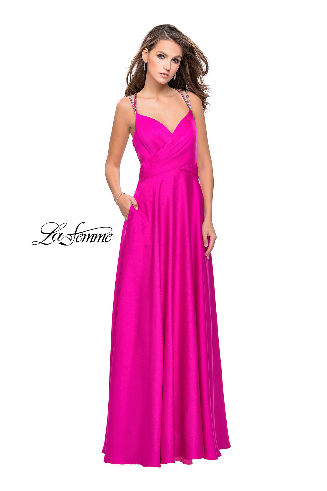 Picture of: Satin A-line Prom Dress with Beading and an Open Back in Hot Pink, Style: 25611, Detail Picture 2
