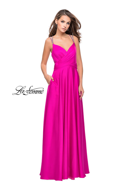 Picture of: Satin A-line Prom Dress with Beading and an Open Back in Hot Pink, Style: 25611, Detail Picture 2