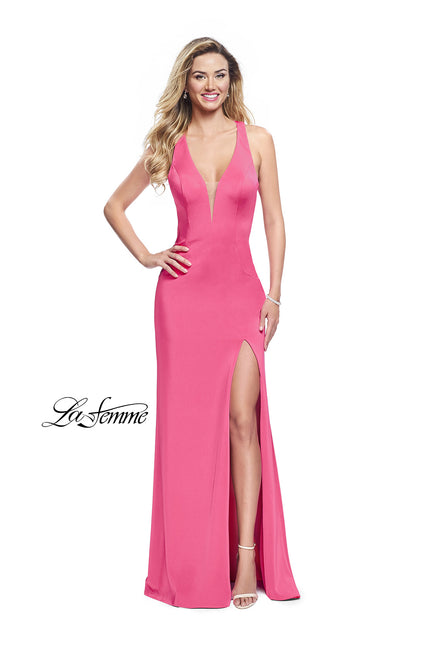 Picture of: Form Fitting Halter Prom Dress with Caged Open Back in Hot Pink, Style: 25612, Detail Picture 2