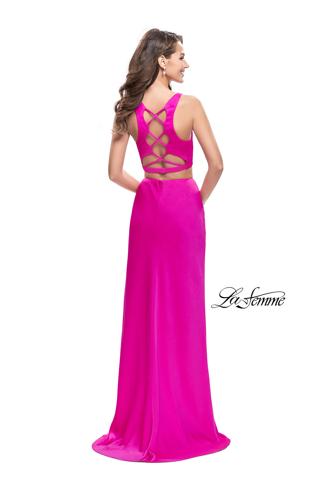 Picture of: Satin Two Piece Prom Dress with Leg Slit and Racer Back in Hot Pink, Style: 25599, Detail Picture 2