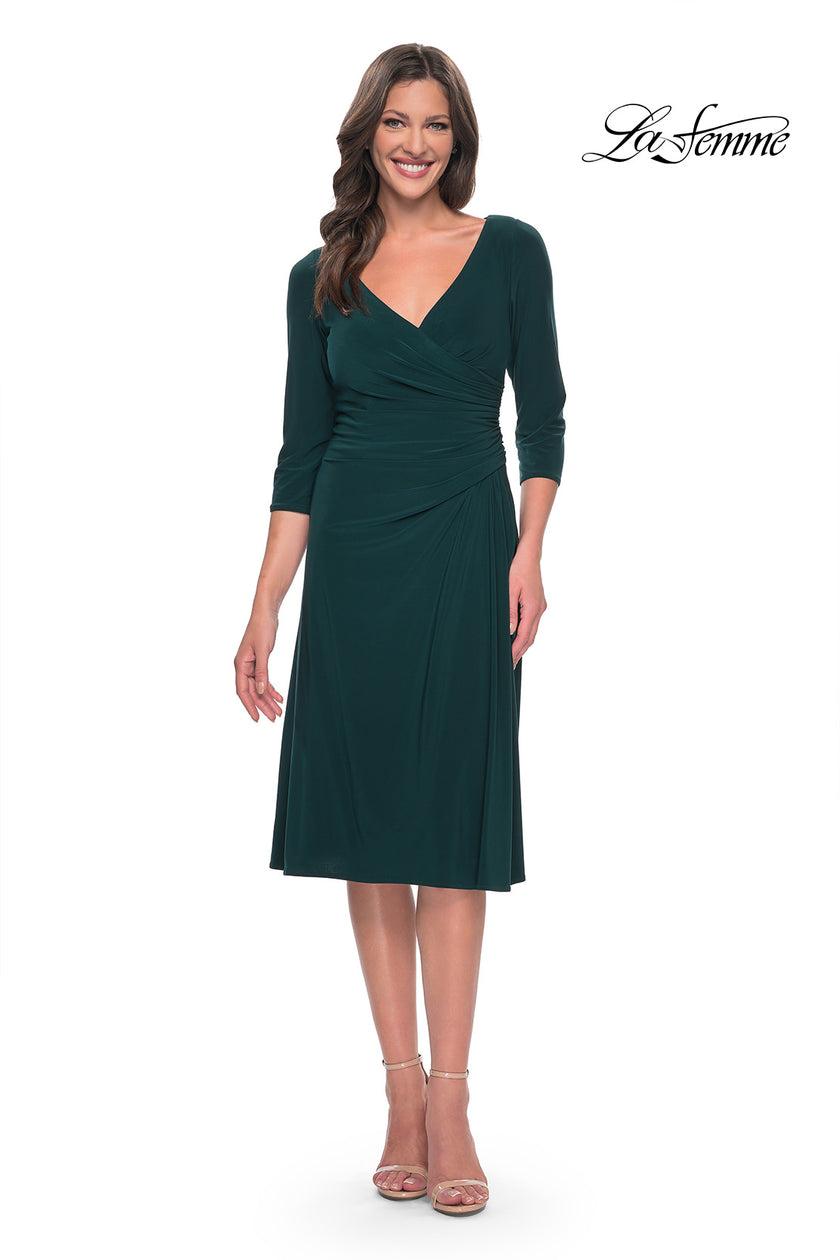 Picture of: Chic Tea Length Jersey Dress with Ruching in Hunter Green, Style: 30069, Detail Picture 1