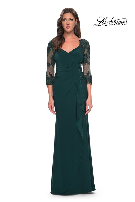 Picture of: Lace and Net Jersey Gown with Illusion Sleeves in Hunter Green, Style: 30384, Detail Picture 1