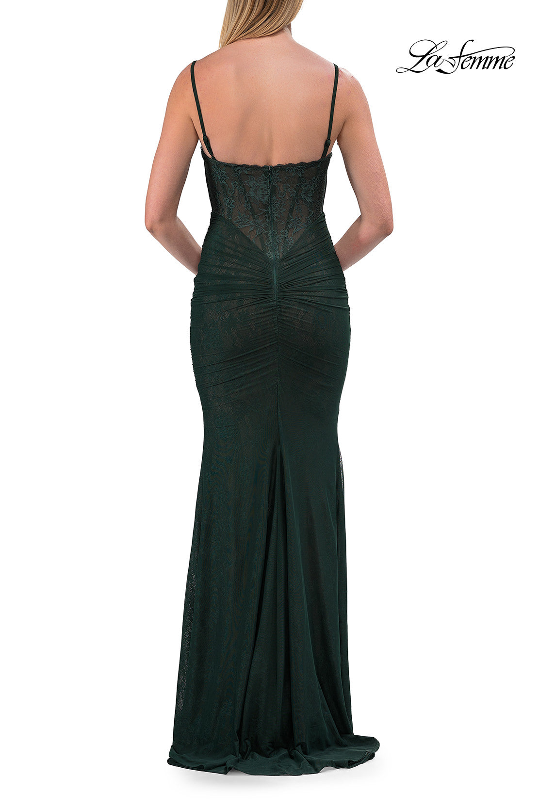 Picture of: Lace Fitted Gown with Ruched Bodice and Sheer Back in Hunter Green, Style: 33443, Detail Picture 19