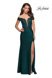 Picture of: Off The Shoulder Gown with Lace Bust and Slit in Hunter Green, Style: 27097, Detail Picture 1