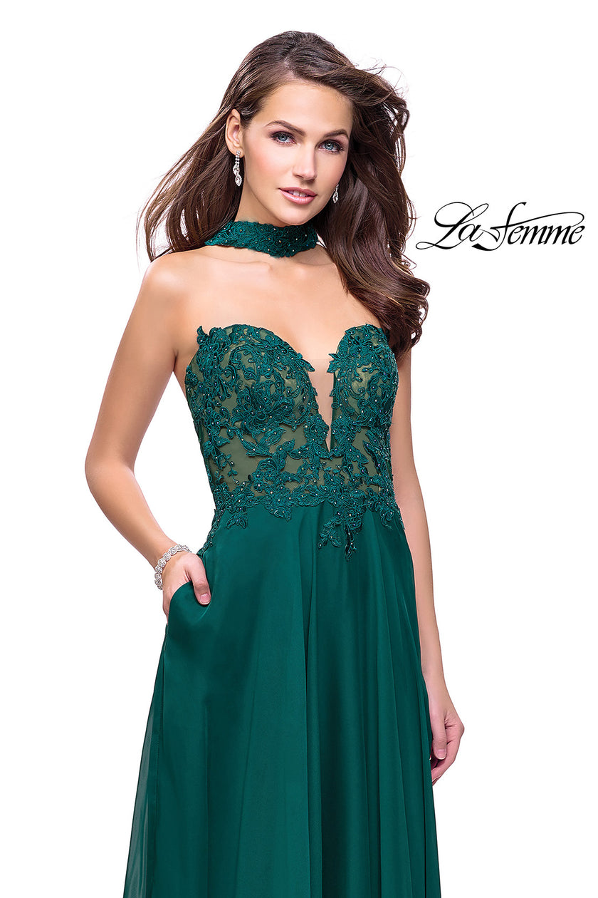 Picture of: Long Strapless Prom Dress with Pockets and Choker in Hunter Green, Style: 25450, Main Picture