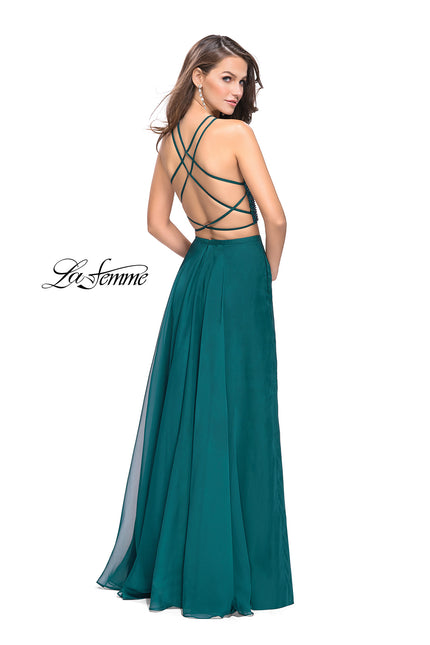 Picture of: Long Chiffon Two Piece Prom Dress with Metallic Beading in Hunter Green, Style: 26002, Back Picture
