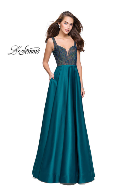 Picture of: Long Satin Dress with A Line Skirt and Beaded Top in Hunter Green, Style: 25348, Detail Picture 1