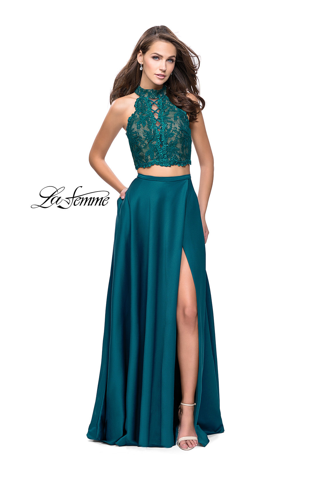Picture of: Two piece gown with lace up top and satin A line skirt in Hunter Green, Style: 25263, Detail Picture 2