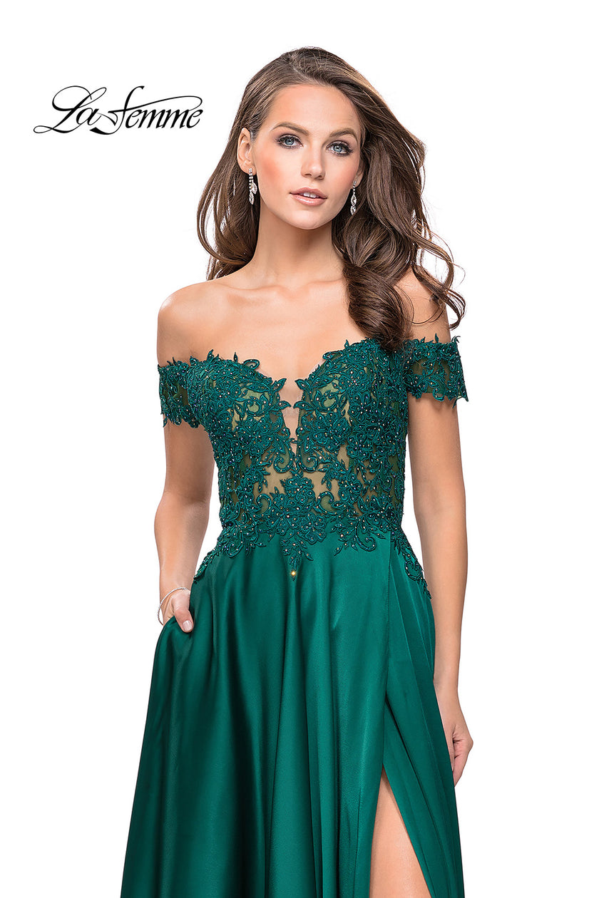 Picture of: A-line Off the Shoulder Satin Dress with Beaded Lace Bodice in Hunter Green, Style: 25694, Detail Picture 2