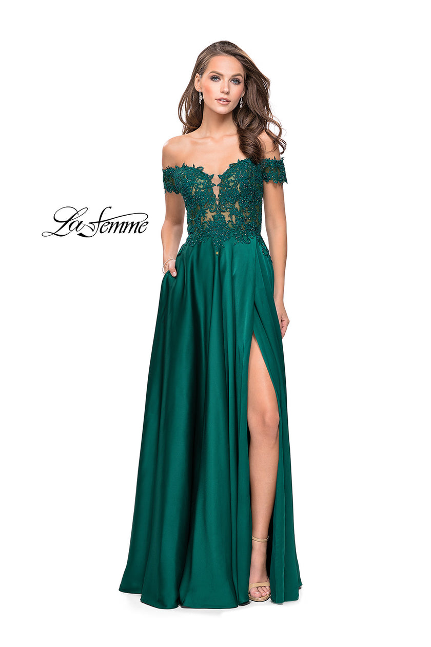 Picture of: A-line Off the Shoulder Satin Dress with Beaded Lace Bodice in Hunter Green, Style: 25694, Detail Picture 2