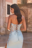Picture of: Strapless Embellished Corset Gown with High Slit and Lace-Up Back in Ice Blue, Style: 33761, Detail Picture 8