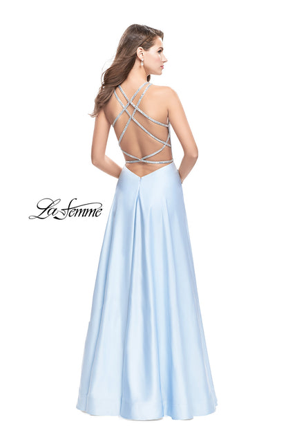 Picture of: Long High Neck Satin Gown with Beaded Strappy Back in Ice Blue, Style: 26269, Back Picture