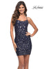 Picture of: Print Sequin Short Dress with Open Lace Up Back in Indigo, Main Picture