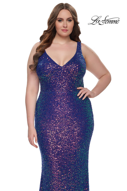 Picture of: Unique Stretch Sequin Plus Gown with V Neckline in Indigo, Style: 32199, Main Picture
