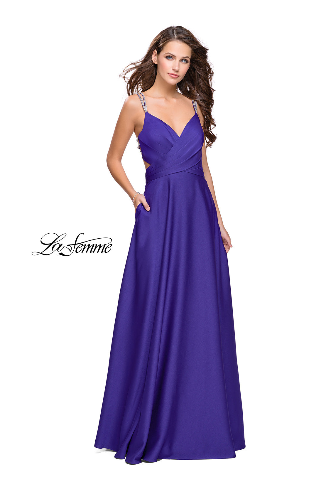 Picture of: Satin A-line Prom Dress with Beading and an Open Back in Indigo, Style: 25611, Main Picture
