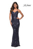 Picture of: Unique Print Sequin Gown with Open Lace Up Back in Indigo, Main Picture