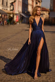 Picture of: A-line Metallic Net Jersey Halter Gown with High Slit in Indigo , Style 32917, Main Picture