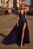 Picture of: A-line Metallic Net Jersey Halter Gown with High Slit in Indigo , Style 32917, Main Picture