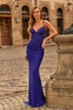 Picture of: Rhinestone Lace Jersey Gown with Ruched Back and Crisscross Straps in Indigo, Style: 33504, Main Picture