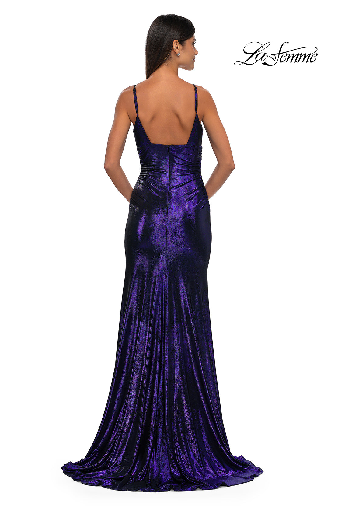 Picture of: Brushed Metallic Jersey Simple Prom Dress with Ruching in Indigo, Style: 32812, Detail Picture 8