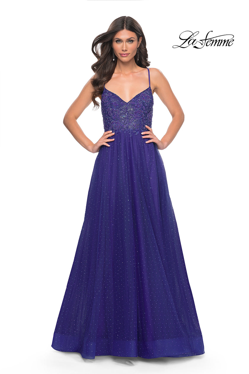Picture of: Beautiful Rhinestone Beaded Illusion Top Tulle Prom Dress in Blue, Style: 32020, Detail Picture 10