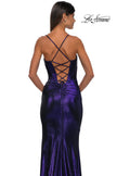 Picture of: Long Metallic Prom Dress with Ruching and Rhinestone Draped Neckline in Indigo, Style: 33032, Detail Picture 10