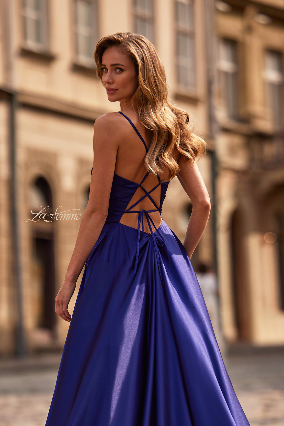 Picture of: A-Line Satin Gown with Draped Bodice, Slit, and Lace-Up Back in Indigo, Style: 33373, Detail Picture 10