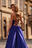 Picture of: A-Line Satin Gown with Draped Bodice, Slit, and Lace-Up Back in Indigo, Style: 33373, Detail Picture 10