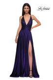 Picture of: A-line Metallic Net Jersey Halter Gown with High Slit in Indigo , Style 32917, Detail Picture 11
