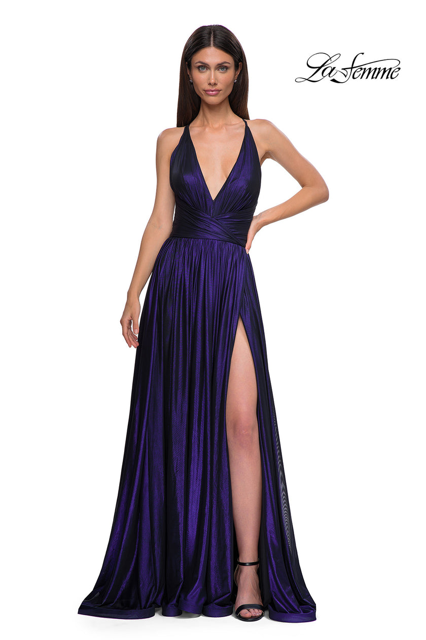 Picture of: A-line Metallic Net Jersey Halter Gown with High Slit in Indigo , Style 32917, Detail Picture 11