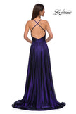 Picture of: A-line Metallic Net Jersey Halter Gown with High Slit in Indigo , Style 32917, Detail Picture 12