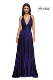 Picture of: A-line Metallic Net Jersey Halter Gown with High Slit in Indigo , Style 32917, Detail Picture 13