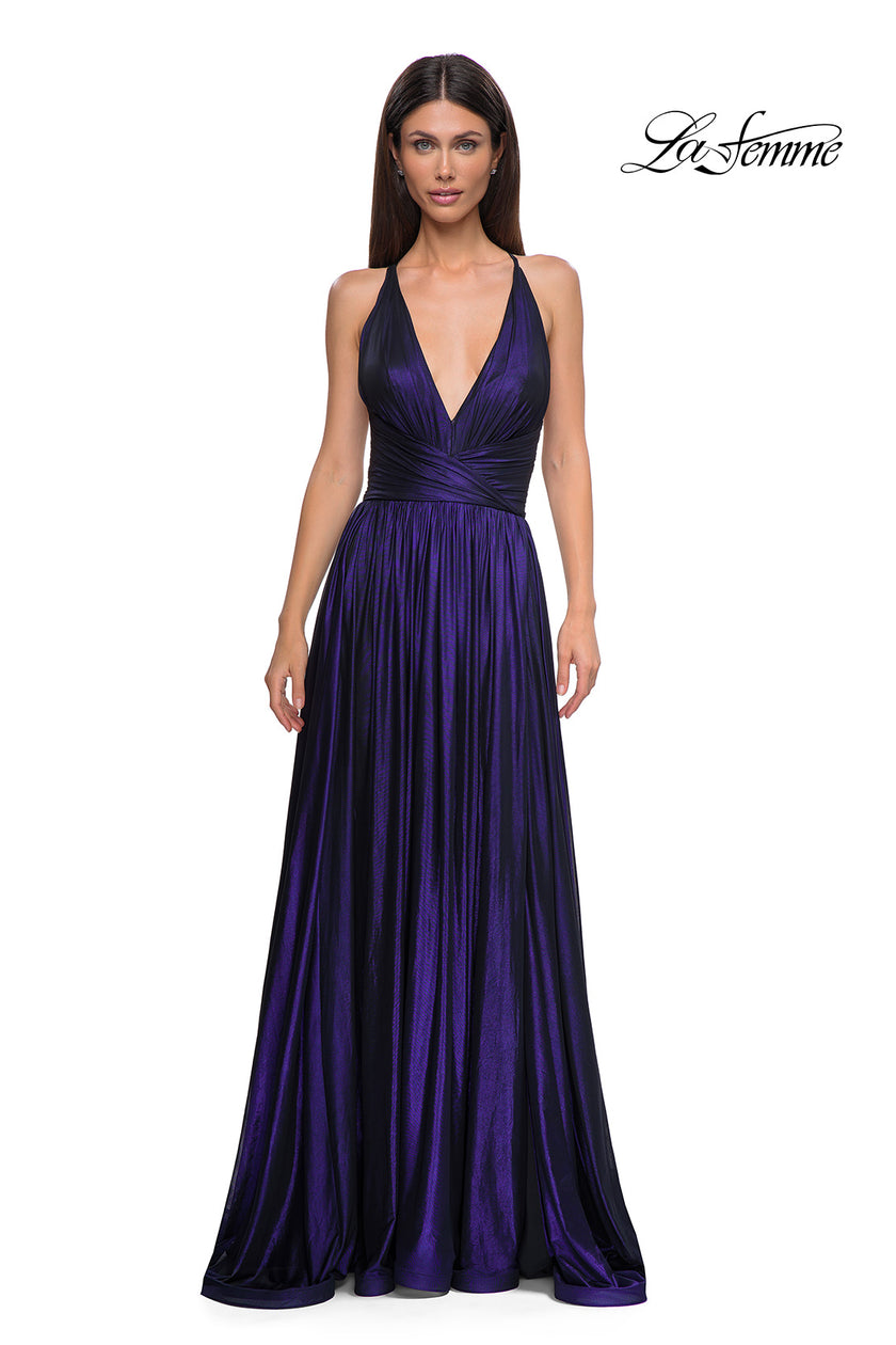 Picture of: A-line Metallic Net Jersey Halter Gown with High Slit in Indigo , Style 32917, Detail Picture 13