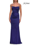 Picture of: Straight Neck Satin Gown with Lace-Up Back in Indigo, Style: 33604, Detail Picture 15