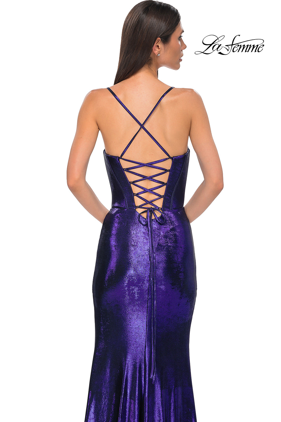 Picture of: Fitted Metallic Jersey Prom Dress with Corset Style Top in Indigo , Style 32877, Detail Picture 16