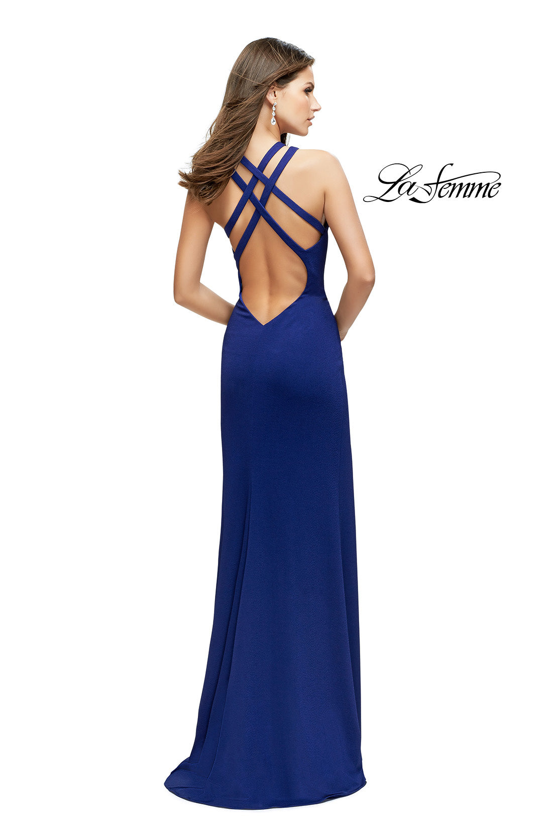 Picture of: High Neck Prom Dress with Halter Double Strap Detail in Indigo, Style: 25883, Back Picture