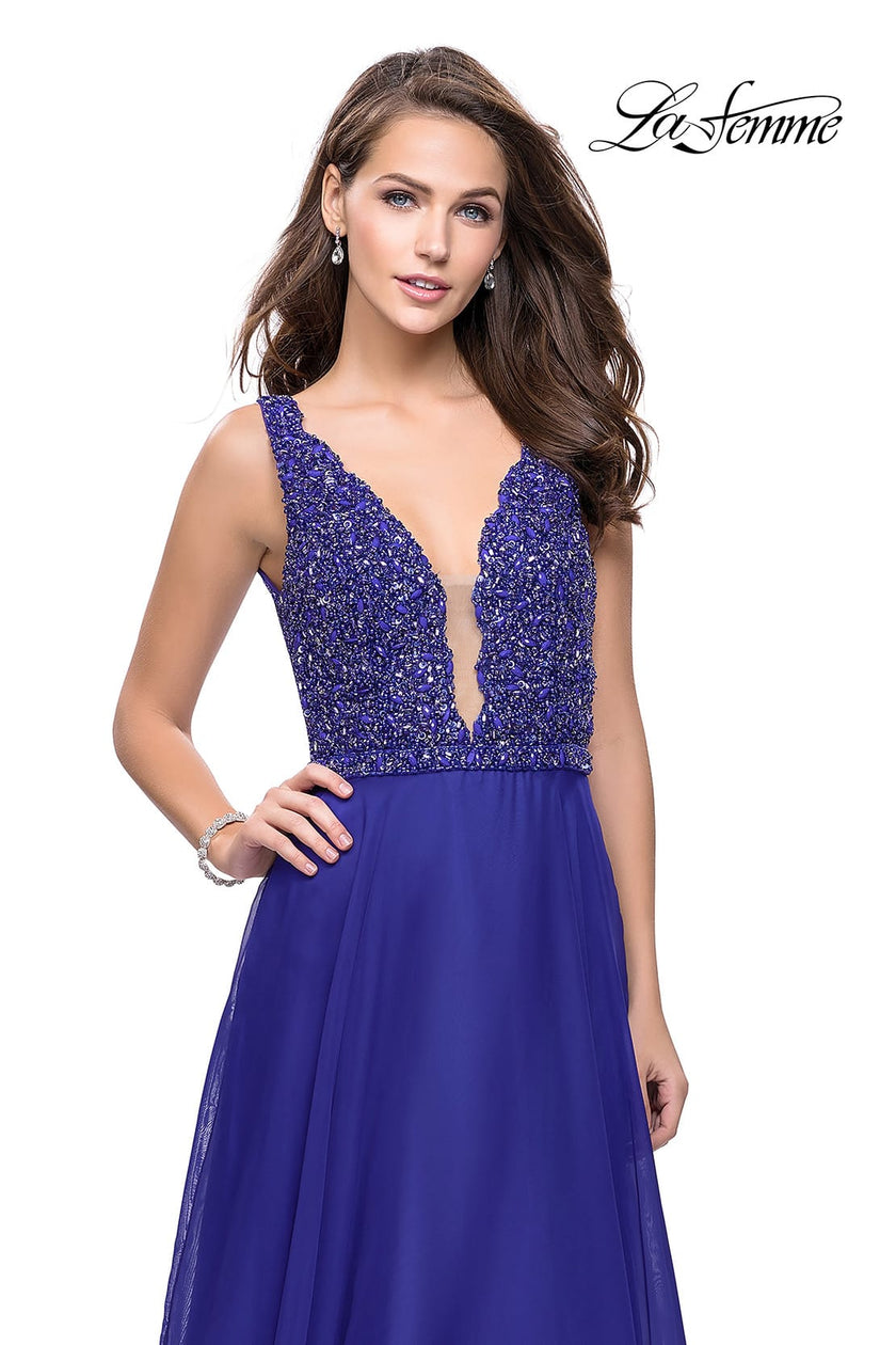 Picture of: A-Line Prom Gown with Chiffon Skirt and Beaded Bodice in Indigo, Style: 26053, Back Picture