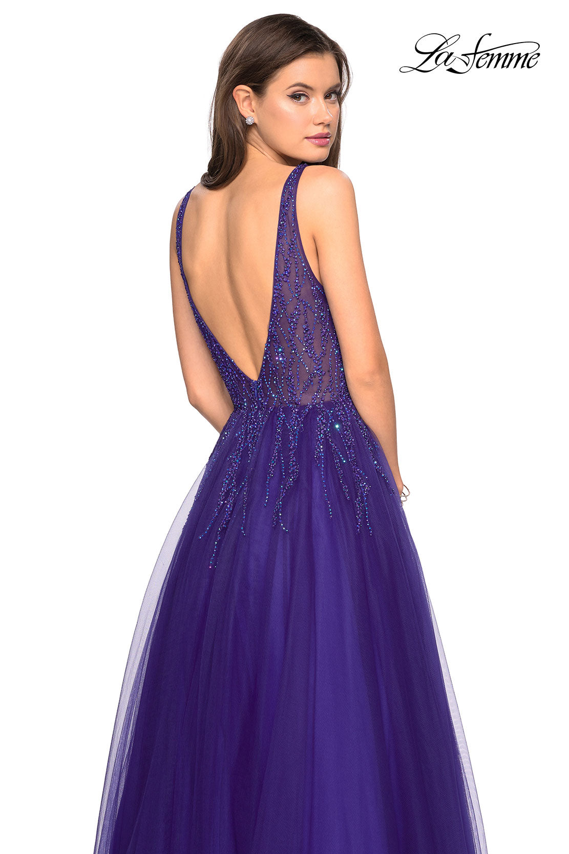 Picture of: A-Line Prom Dress with Rhinestones and Deep V Back in Indigo, Style: 27688, Back Picture