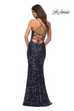 Picture of: Unique Print Sequin Gown with Open Lace Up Back in Indigo, Back Picture