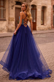Picture of: A-line Tulle Gown with Draped Mesh Rhinestone Bodice in Indigo , Style: 32838, Back Picture