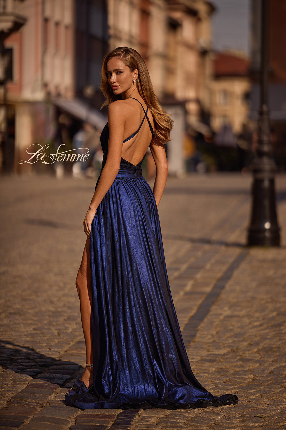 Picture of: A-line Metallic Net Jersey Halter Gown with High Slit in Indigo , Style 32917, Back Picture