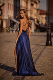 Picture of: A-line Metallic Net Jersey Halter Gown with High Slit in Indigo , Style 32917, Back Picture