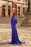 Picture of: Rhinestone Lace Jersey Gown with Ruched Back and Crisscross Straps in Indigo, Style: 33504, Back Picture