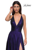Picture of: A-line Metallic Net Jersey Halter Gown with High Slit in Indigo , Style 32917, Detail Picture 18