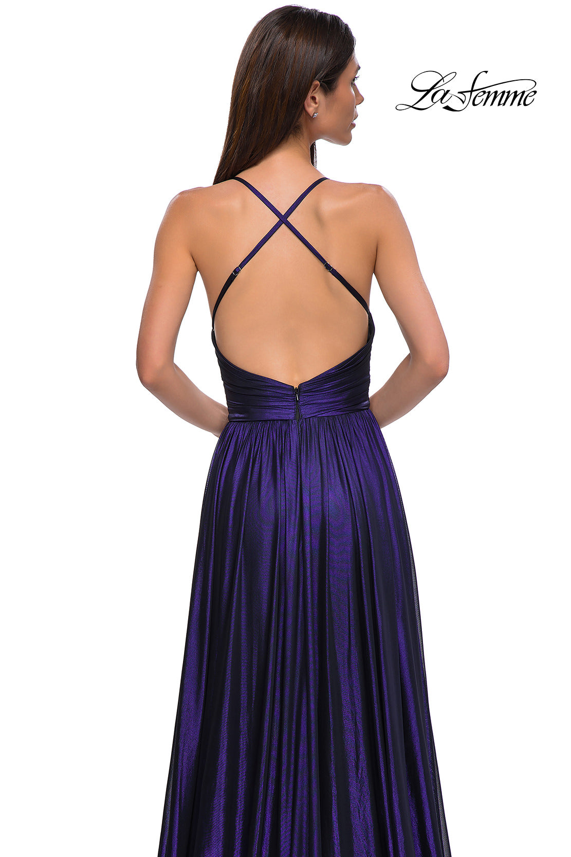 Picture of: A-line Metallic Net Jersey Halter Gown with High Slit in Indigo , Style 32917, Detail Picture 19