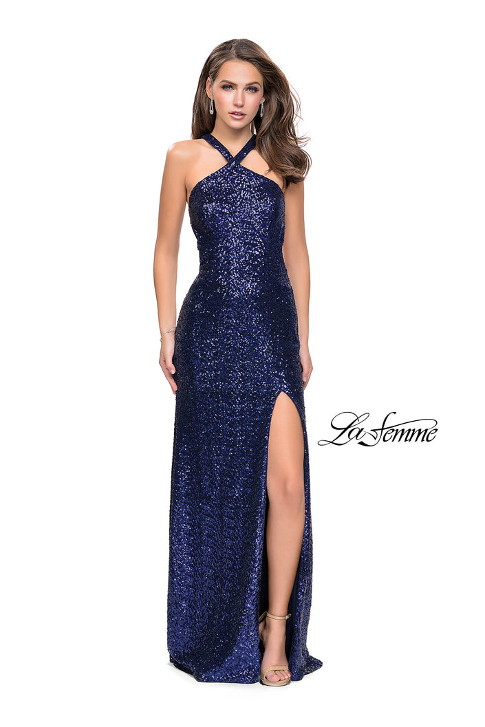 Picture of: Long Sequin Halter Prom Dress with Strappy Back and Slit in Indigo, Style: 25418, Detail Picture 1