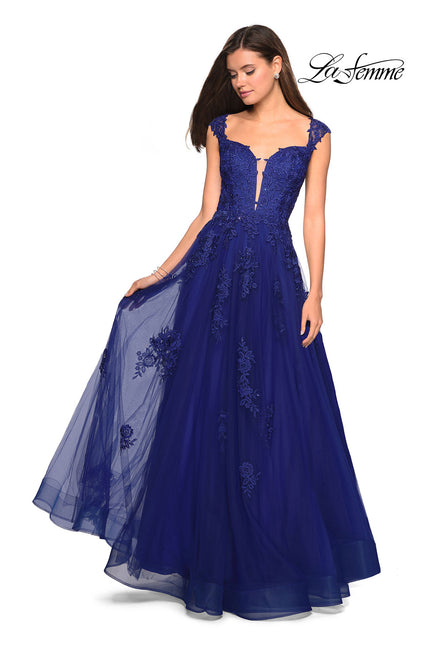 Picture of: Floor Length Cap Sleeve Prom Gown with Lace Detail in Indigo, Style: 27503, Detail Picture 1