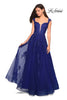 Picture of: Floor Length Cap Sleeve Prom Gown with Lace Detail in Indigo, Style: 27503, Detail Picture 1