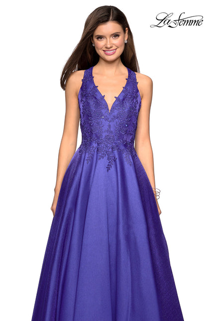 Picture of: Floor Length Mikado Gown with Lace and Rhinestones in Indigo, Style: 27529, Detail Picture 1