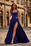 Picture of: A-Line Satin Gown with Draped Bodice, Slit, and Lace-Up Back in Indigo, Style: 33373, Detail Picture 1